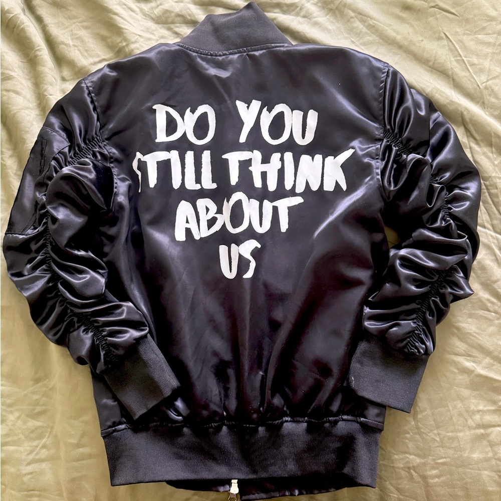 Boutique “Do You Still Think About Us” Satin Black Bomber Jacket Ruched Sleeves